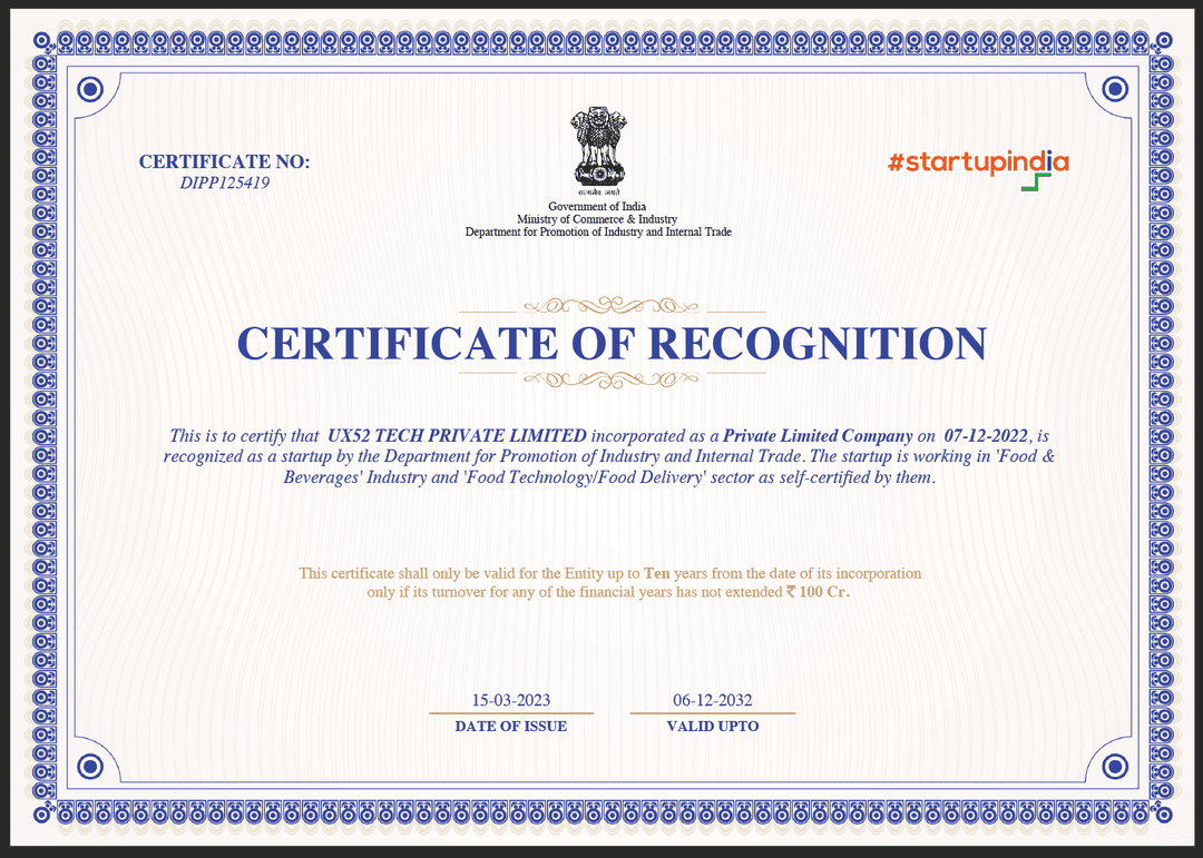 StartUpIndia Recognition